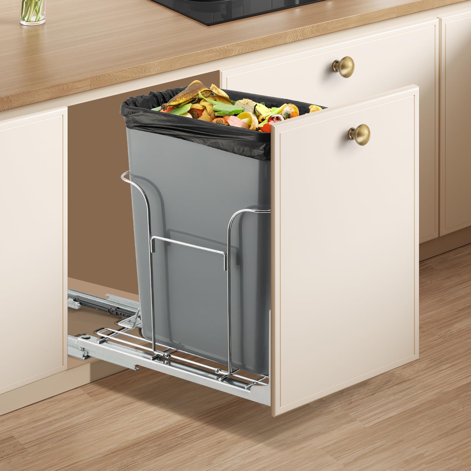 Poubelle coulissante sous meuble cuisine – Acier inoxydable gris, fermeture douce, capacité 30QT/45kg, bac à déchets et recyclage, glissières à extension totale, gain de place – Taille : 25,