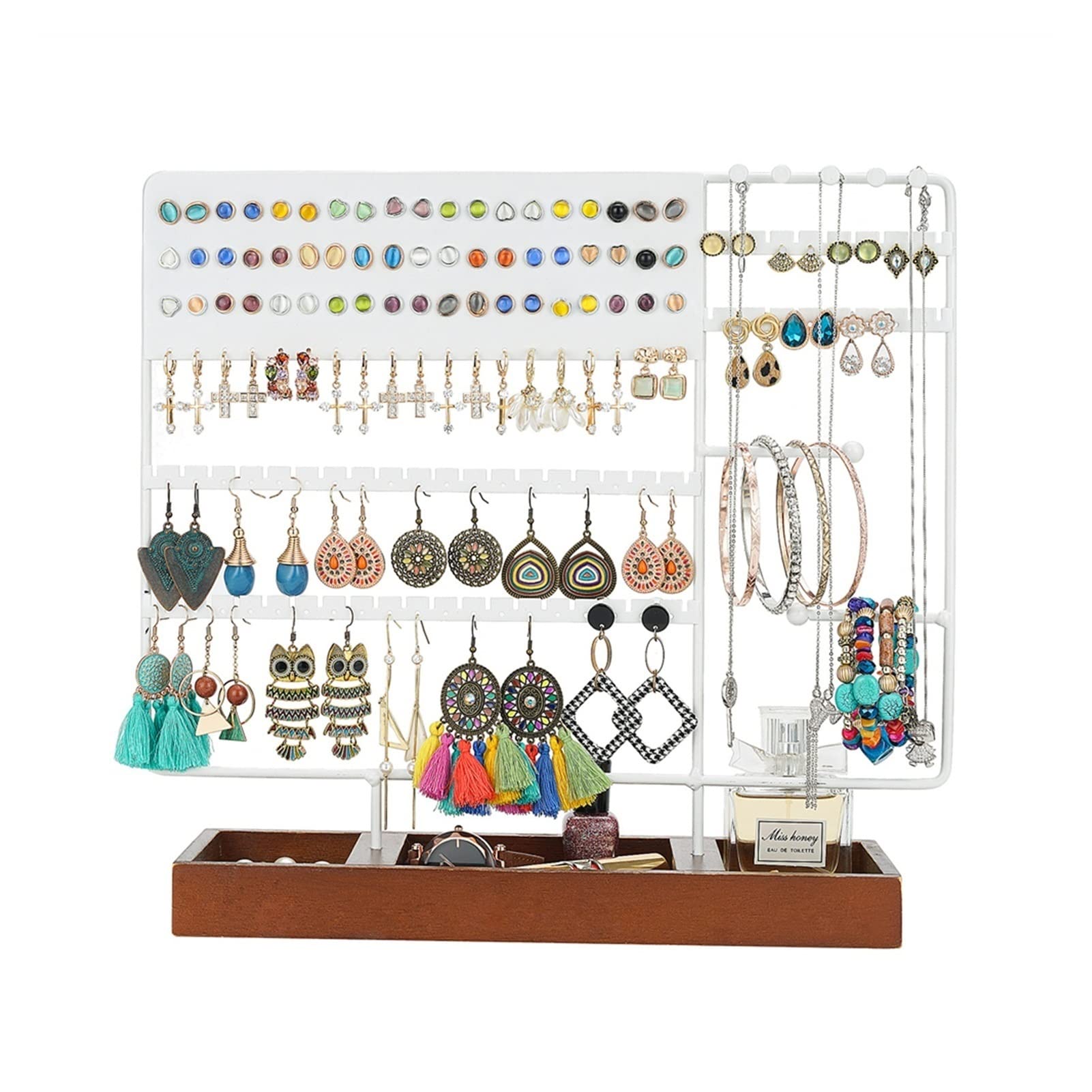 Tyuhduyur White Jewelry Racks Multifunctional Jewelry Display Stand Earring Holder, Earring Jewelry Organizer Stand With Wooden Storage Tray For Earring, Necklace, Ear Stud Jewelry Rack(White) (White)