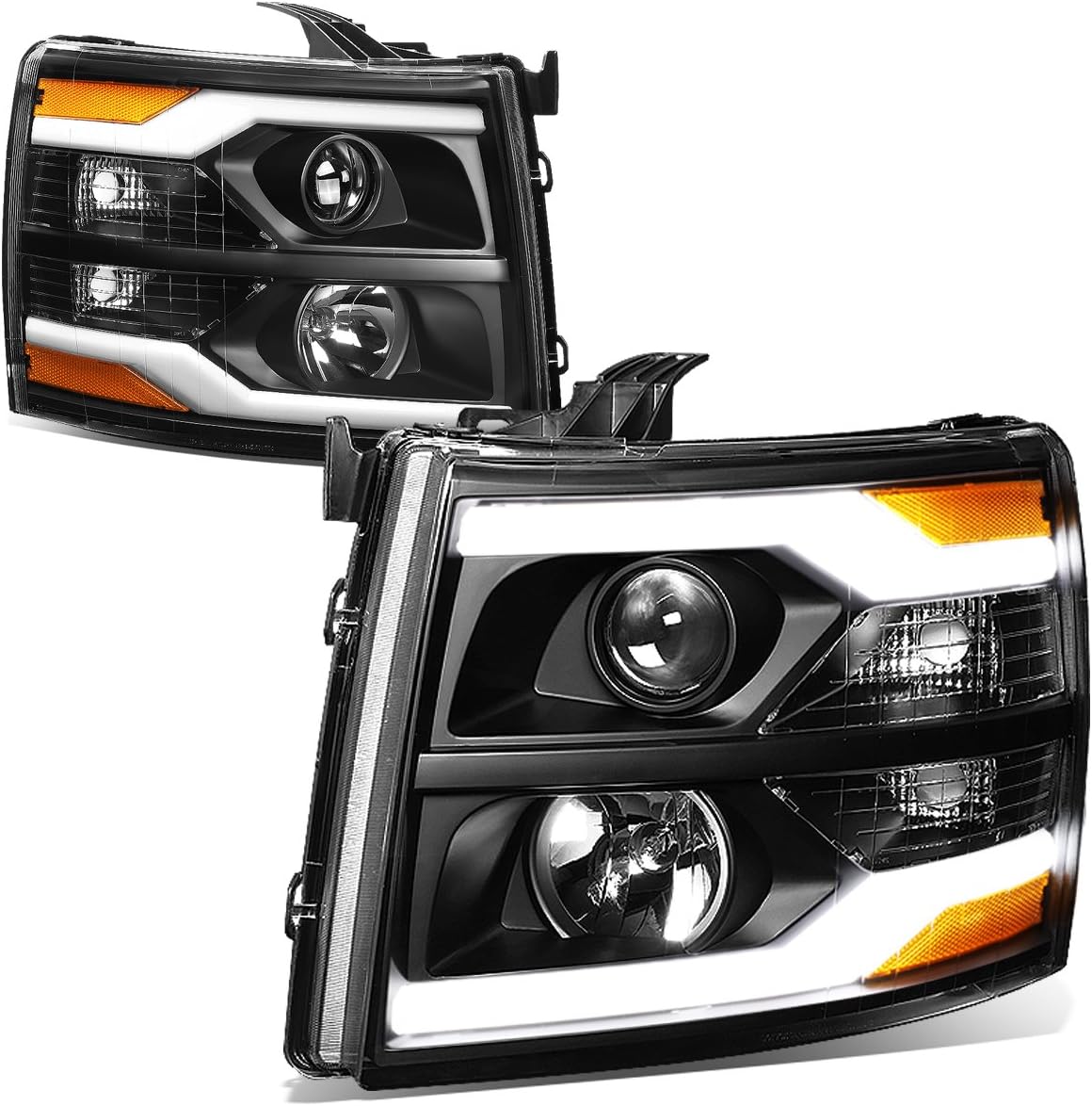 DNA MOTORING Pair LED DRL Headlights Compatible with 07-13 Chevy Silverado 1500 07-14 Silverado 2500 3500 HD, Black/Clear, HL-LED-CSIL07-BK-CL1