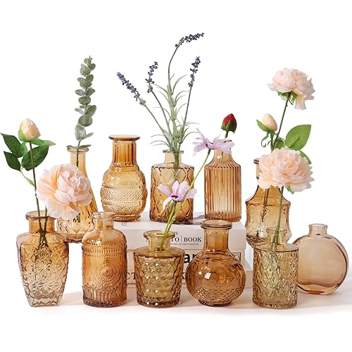 BIGIVACA Glass Bud Vases Set of 12 - Small Amber