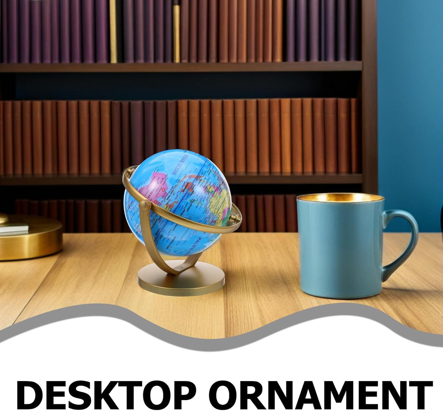 KALLORY Rotating Desktop Globe with Stand 14.2cm Blue Frame Educational World Sphere Geography Learning Decor for Office Home Classroom