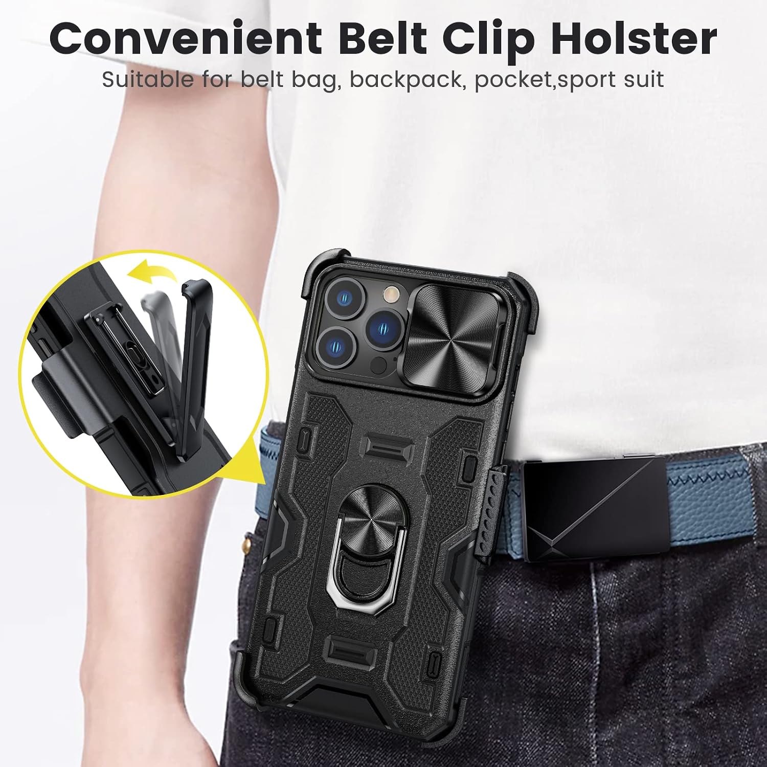 Caka for iPhone 13 Pro Max Phone Case, iPhone 13 Pro Max with Belt-Clip Holster Built-in 360°Rotate Stand, Case for iPhone 12 Pro Max Case -Black