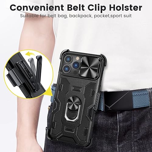 Miniatura 4 de Caka Funda para iPhone 13 Pro Max, iPhone 12 Pro Max con soporte y clip para cinturón, funda para cámara con soporte de anillo giratorio de 360