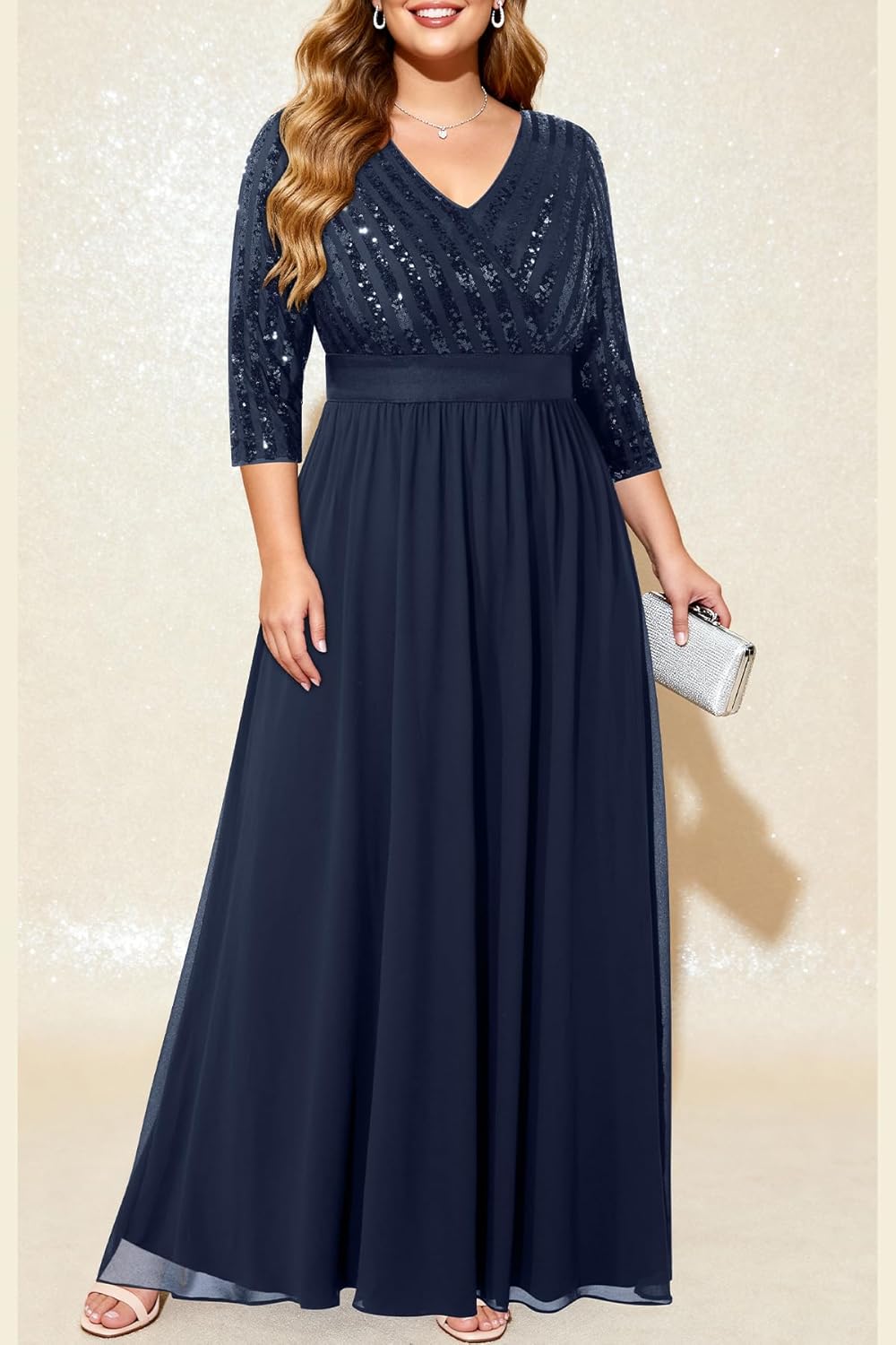 Womens Plus Size Formal Dresses - V Neck 3/4 Sleeve Sequin Prom Evening Gowns Long Maxi Dress - Image 3