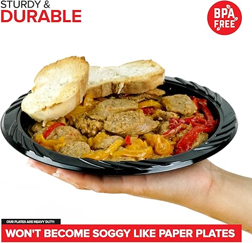 Miniatura 3 de Stock Your Home Platos de plástico negro de 9 pulgadas (100 unidades), grandes platos desechables de plástico negro para fiestas, pasteles,