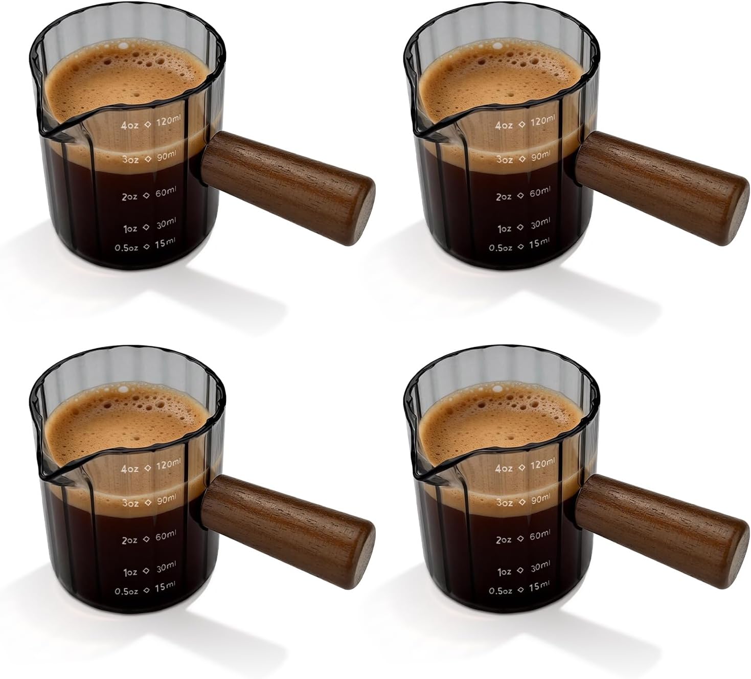 4oz/120ml Espresso Measuring Cup Set of 4, Gray Ribbed Glass Milk Frothing Pitcher with Wood Handle and Dual Spouts, Coffee Shot Cup for Home and Kitchen, Coffee Bar Accessories