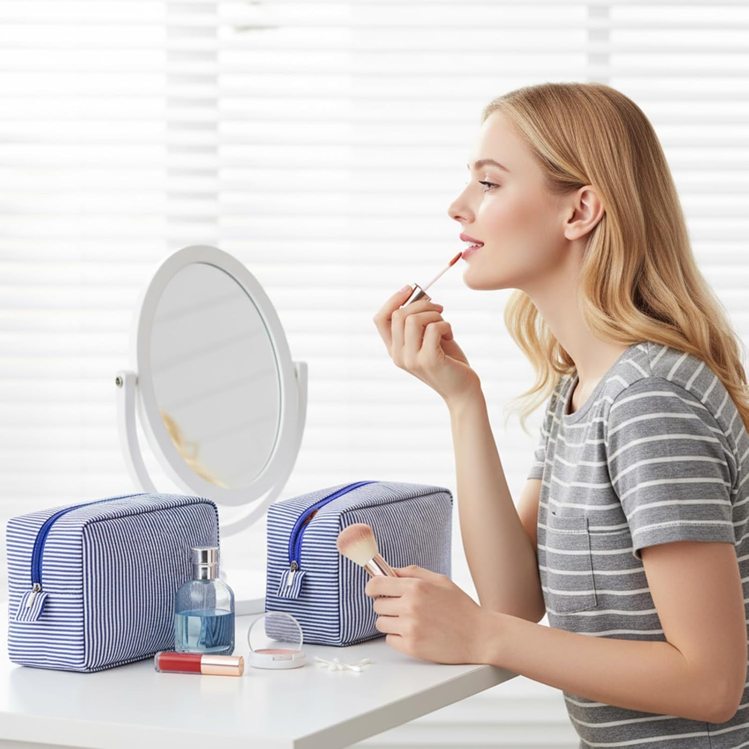 Sanwuta 3 Pcs Seersucker Makeup Bags Seersucker Cosmetic Bags Striped Women Large Travel Toiletry Organizer Preppy Storage Pouch for Embroidery Wedding Bridesmaid Gifts(Navy Blue) - Image 5