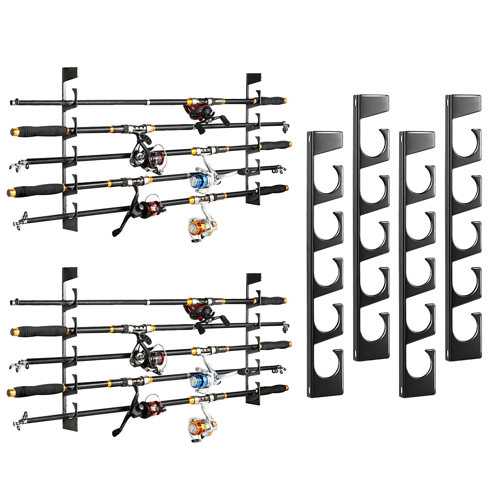 Roylvan Fishing Rod Pole Holders, Wall or Ceiling Mounted Metal Fish Rod Rack with Protective Layers, 2 Set Horizontal Fishing Pole Storage Organizer Holds Up to 10 Rods, Fishing Gifts for Men, Black