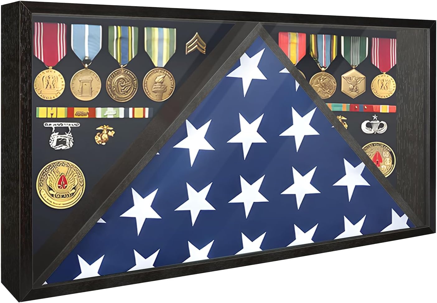 Memorial Flag Display Case for 5' x 9.5' American Veteran Burial Flag with HD Tempered Glass, Military Shadow Box with Velvet Felt Lining for Medals, Black