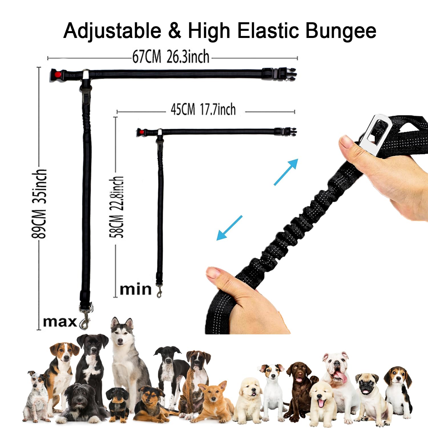 Lot de 2 ceintures de sécurité pour chien - Harnais de sécurité élastique réglable pour voiture - Laisse rembourrée élastique anti-chocs (noir)