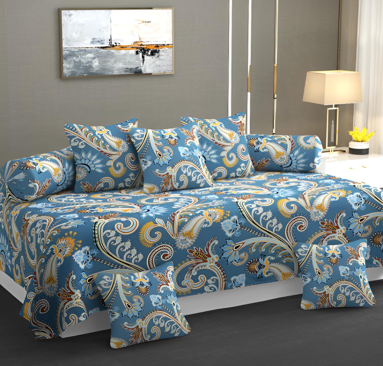 Premium 220TC Diwan Bedsheet 8 Pieces Glace Cotton Designer Printed Standard Diwan Set (1 Single Bedsheet, 2 Bolster Covers, 5 Cushion Covers, 60X90 Inch, 16x16 Inch, 18x28 Inch) Blue-image-4
