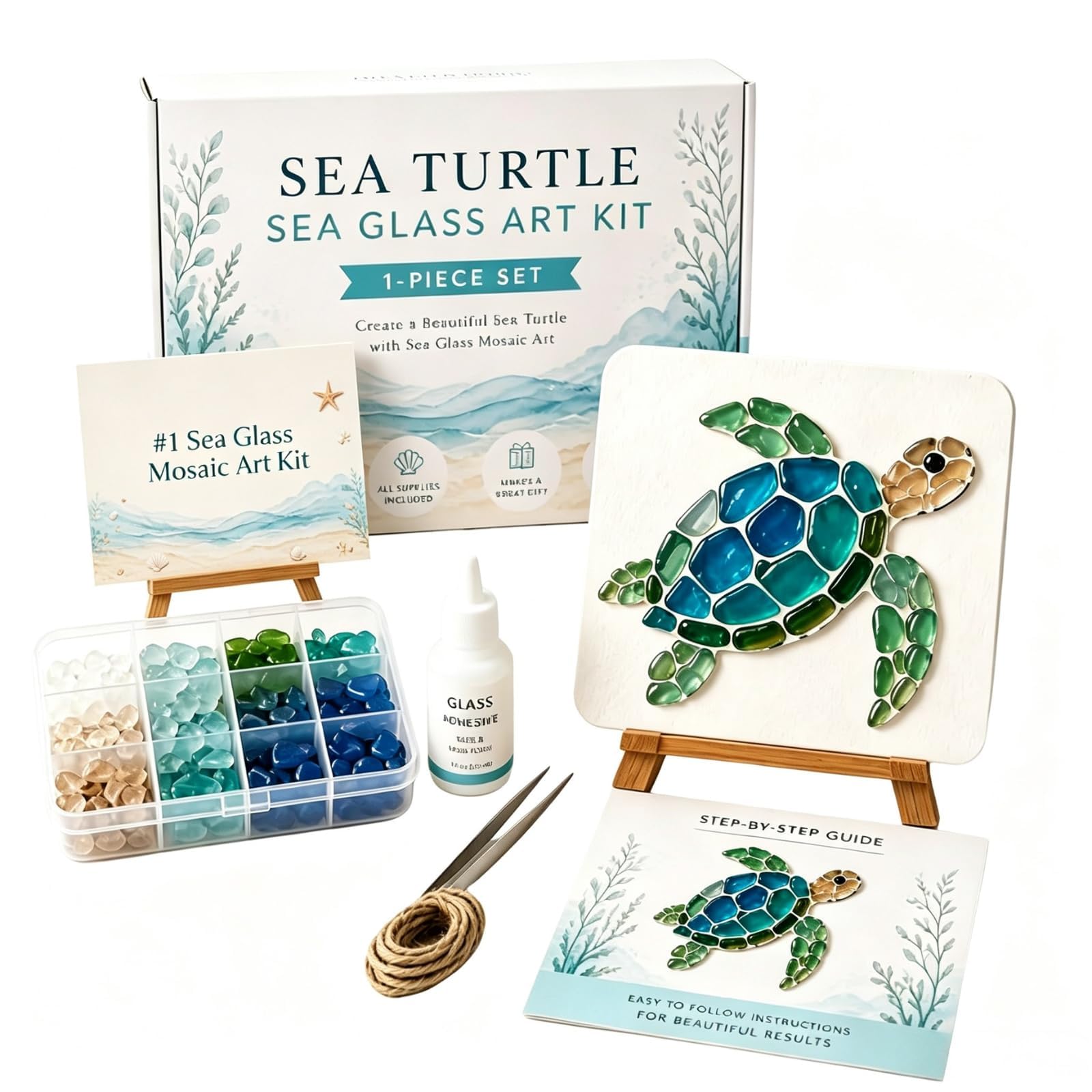 Sea Glass Art Kit,DIY Sea Glass Mosaic Art Kit,DIY Beach Art Kit,Create Beautiful Ocean-Inspired Artwork with Colorful Glass Pieces,Coastal Home Decor,Creative Handmade Gifts for Beginner (Sea Turtle