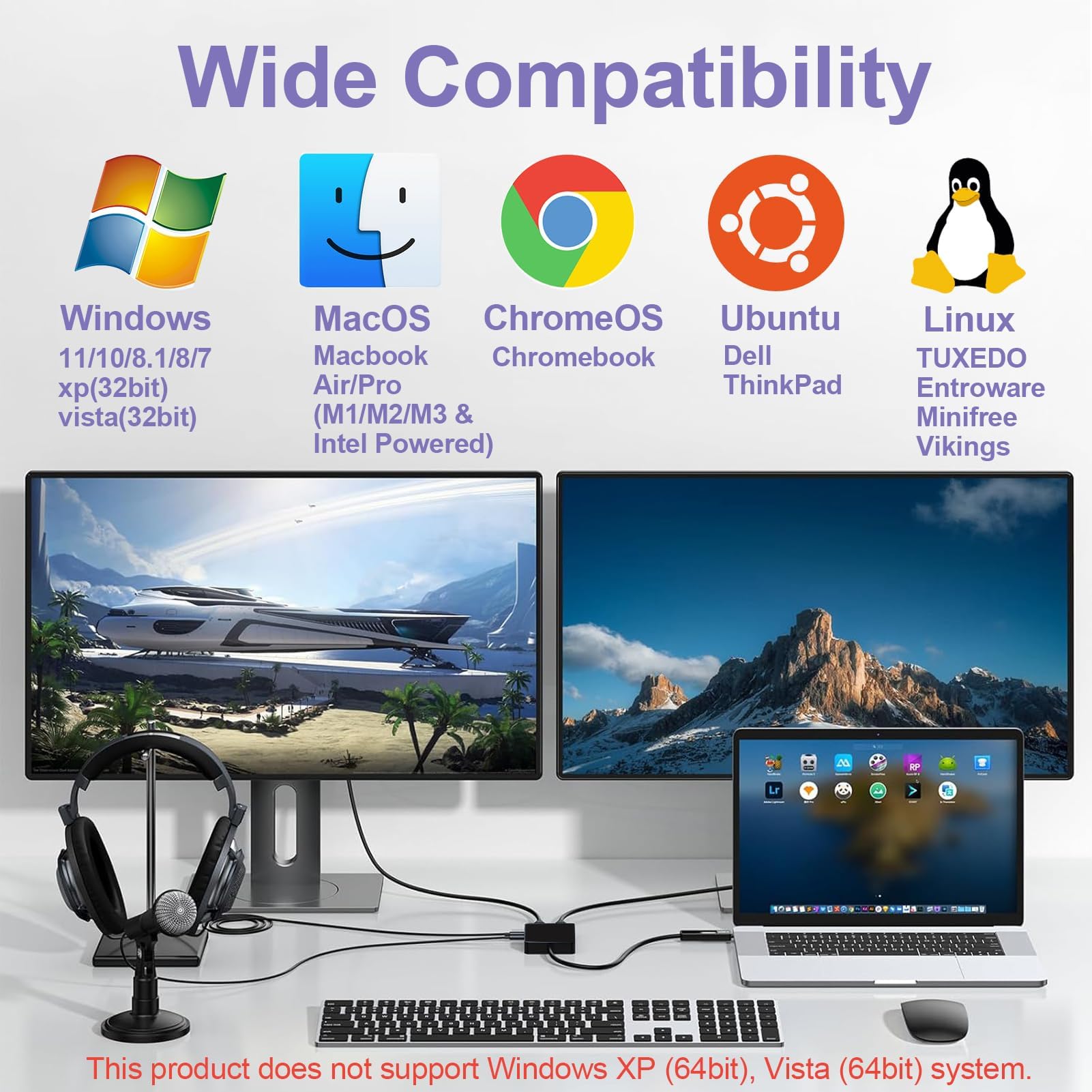 UNSTINCER Adattatore USB 3.0 a Dual HDMI fino a 1920 x 1080 P/60 Hz, scheda video esterna per Windows ChromeOS MacOS Linux Laptop, DisplayLink Multi Monitor Adattatore 3,5 mm uscita audio stereo