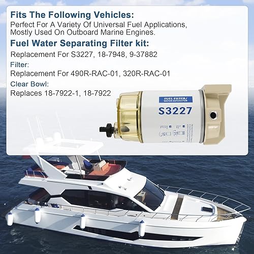 Miniatura 3 de S3227 Filtro de combustible Separador de agua de repuesto para motor fueraborda marino Mercury con púas de 38 pulgadas x 14 pulgadas NPT accesorios