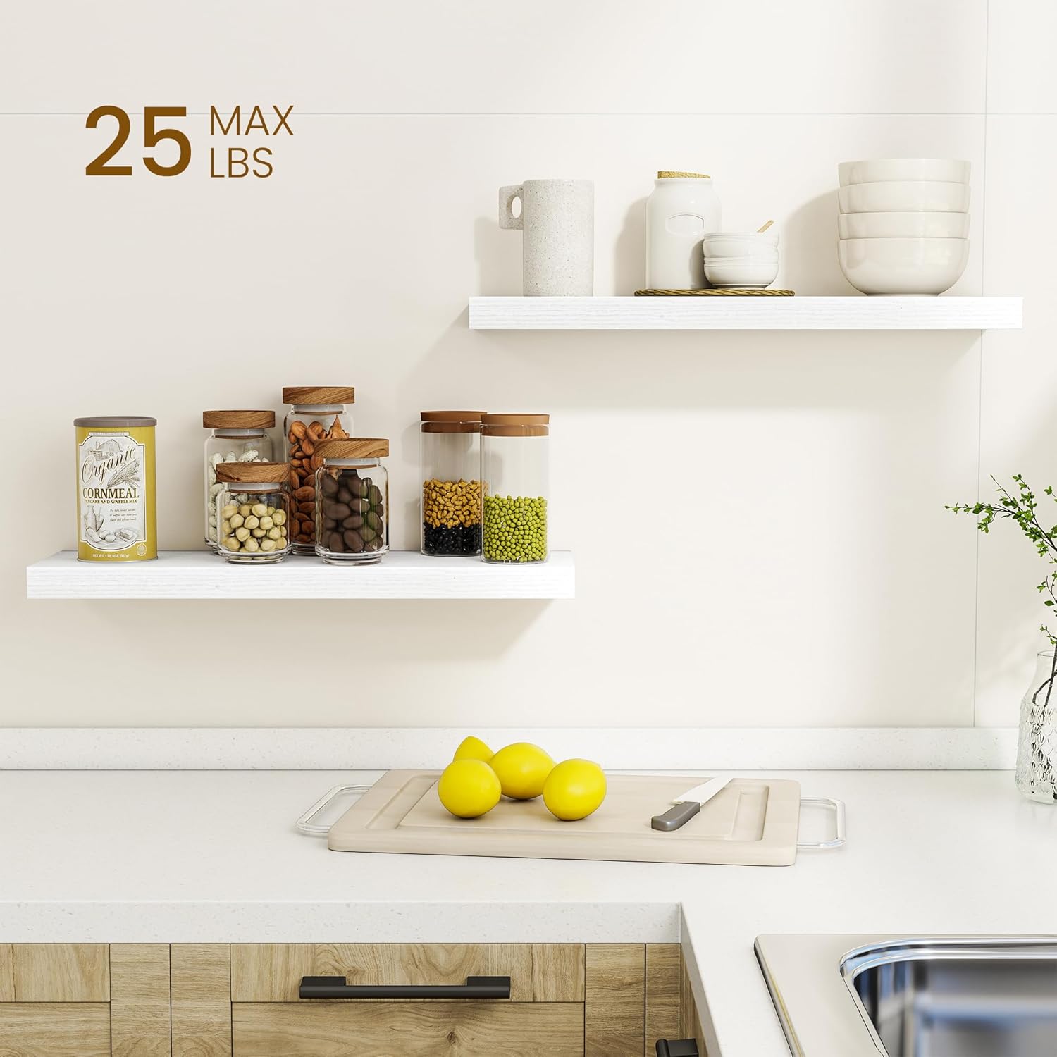 dreamland 24inch floating shelves for wall, rustic wooden white floating shelves for bathroom|bedroom|kitchen, deep wall mounted book shelf, wood storage display shelf for home decor, set of 2 24"w x 6.5"d - 2p white