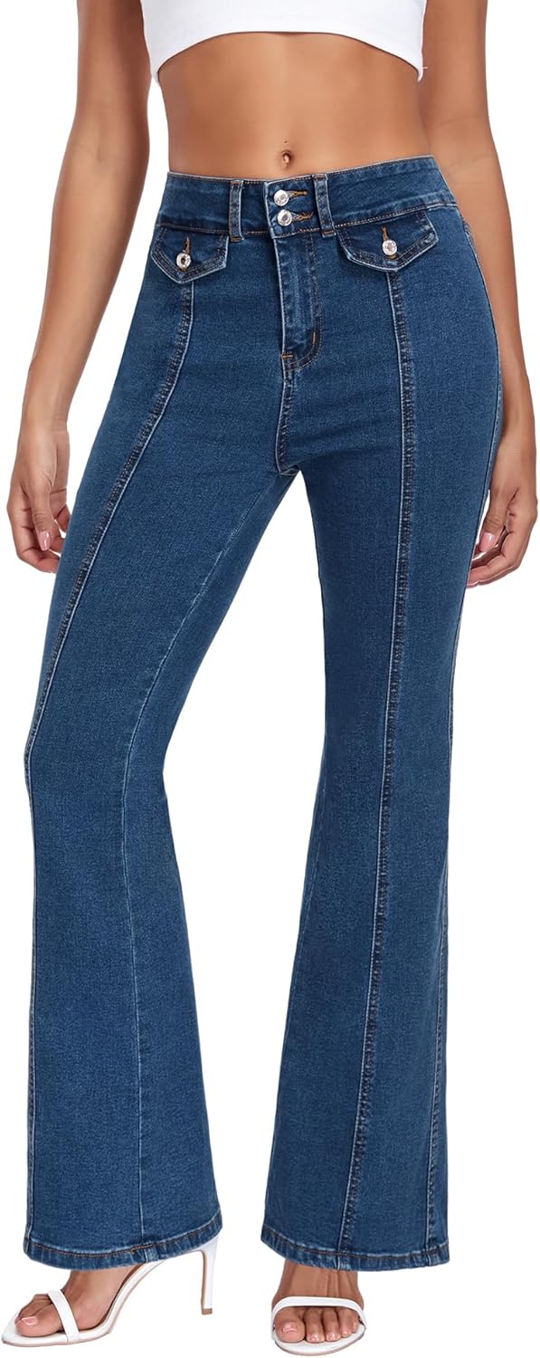 MARIASHA Flared Jeans for Women Stretchy Denim Pants with Blue Wash High Waisted