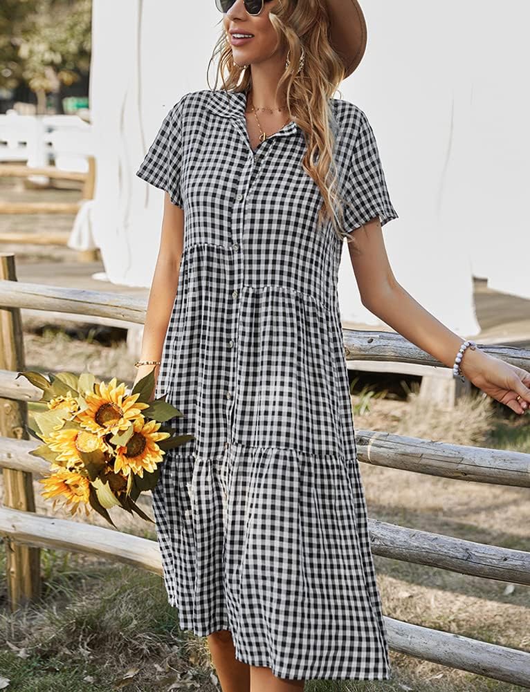 chouyatou Women's Summer Flutter Sleeve Midi Long Gingham Dress Plaid Button Down Shirt Dress - Image 3