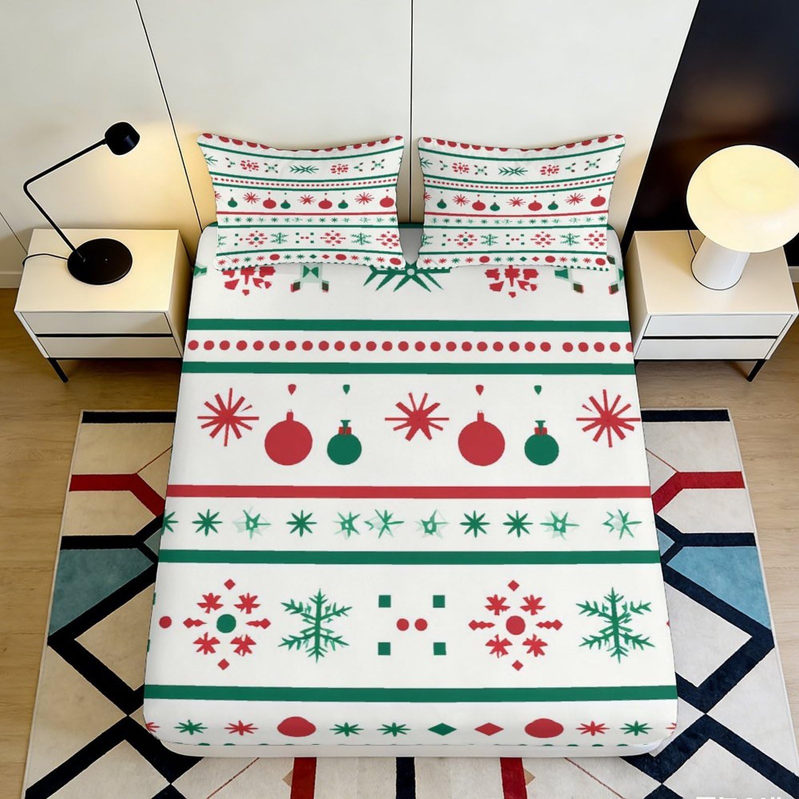 3D Printed Christmas Ornament Fitted Sheet Microfiber Red Green Snowflake Mattress Cover Bedroom Dorm Protector Decor 200x200x25cm