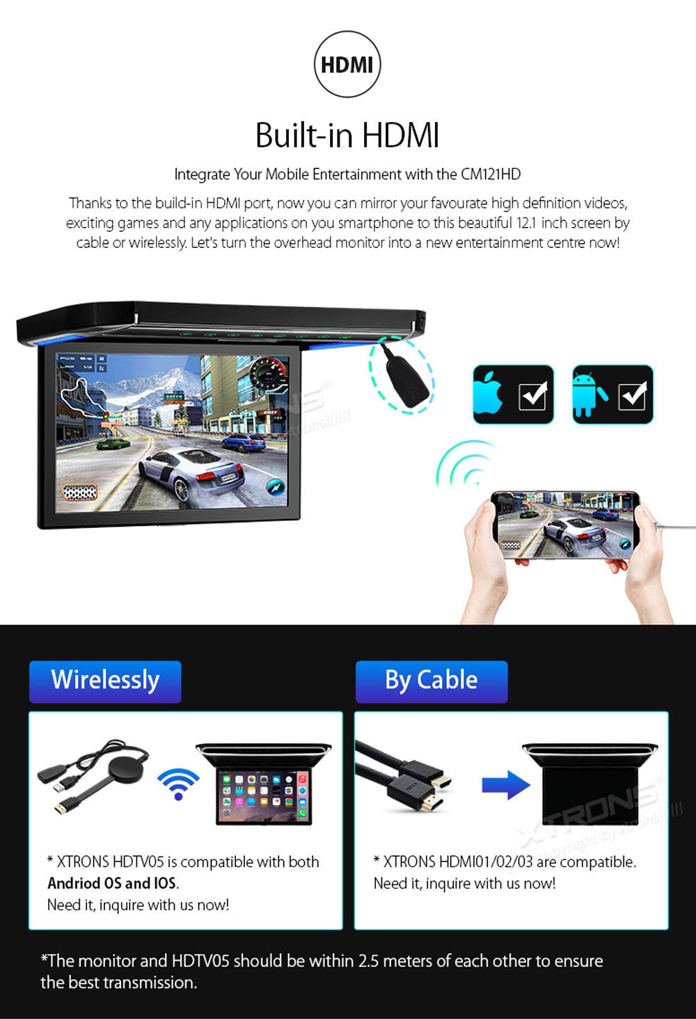 XTRONS 12,1“ Digital TFT 16:9 Bildschirm für Auto Bus Auto Overhead Player Auto Monitor mit HDMI Port Automosphäre LED Licht Windows CE für Urlaub