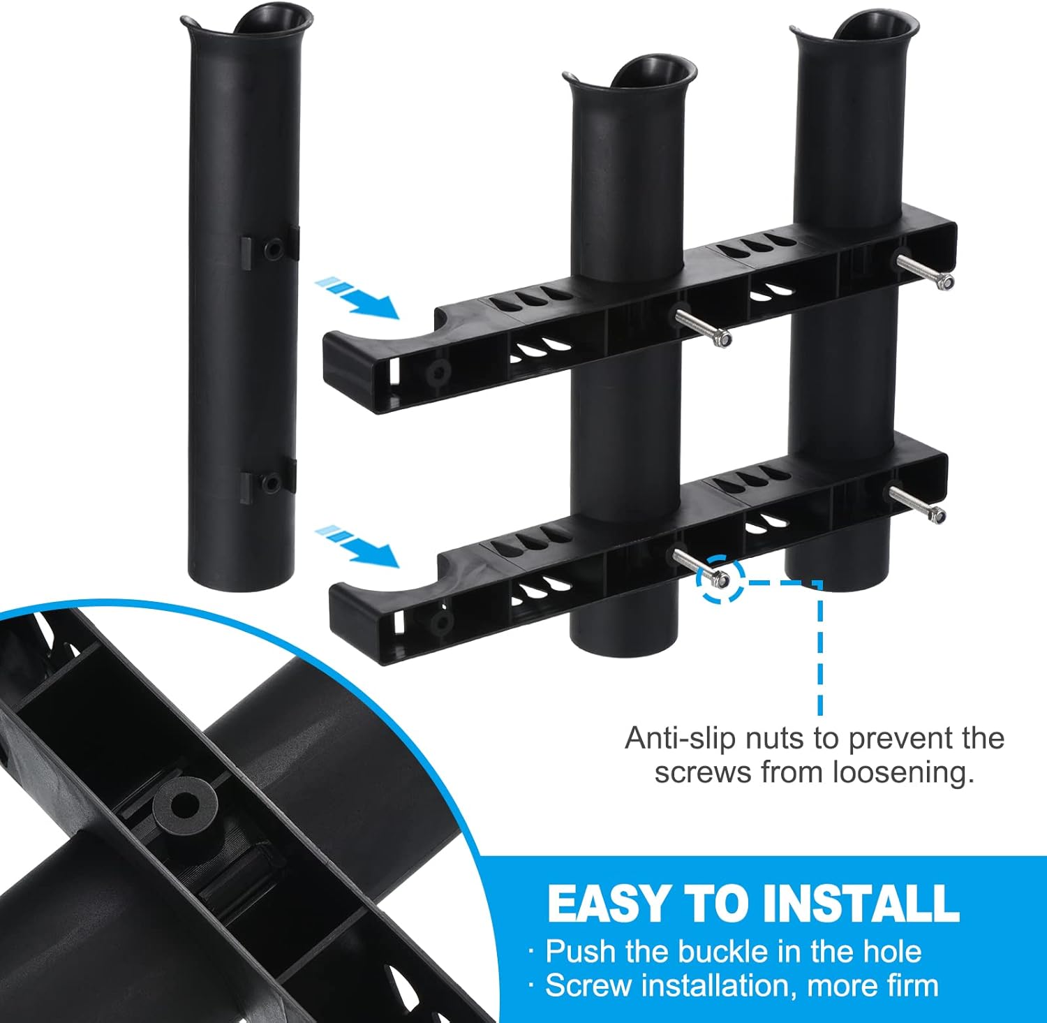 PATIKIL Fishing Rod Holder for Boat Plastic Rod Holder 3-Tube Pole Rack 3 Pack Wall/Side Mounted Fishing Pole Holder with Screws for Kayak, Truck, Black