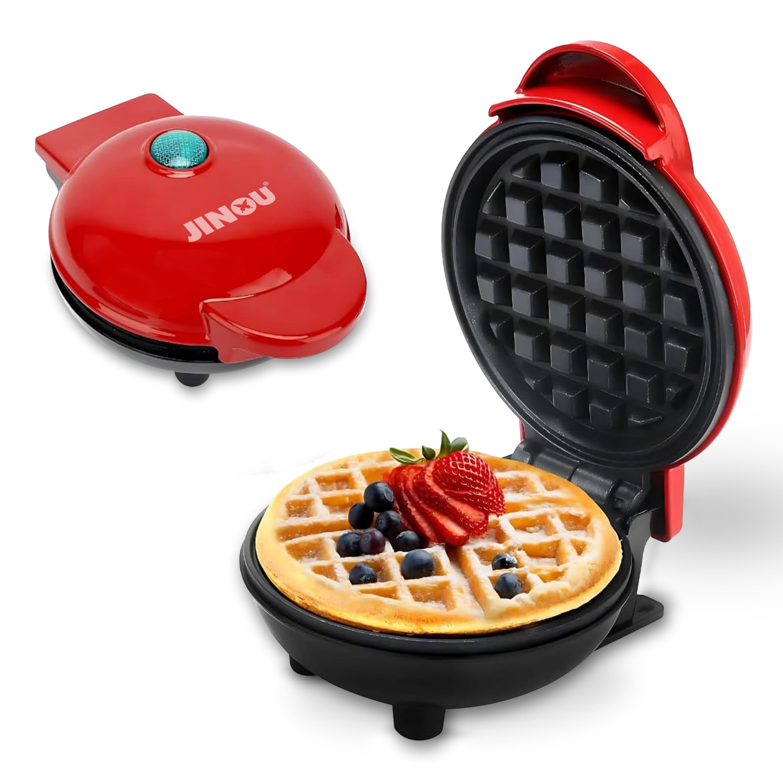 Jinou Mini Waffle Maker 4" – Compact Non-Stick Premium Quality Quick Infrared Heat-Up for Toaster, Grill & Pancake, Hash Browns, Quesadillas & Cookie Maker – Perfect for Breakfast 1-Year Warranty