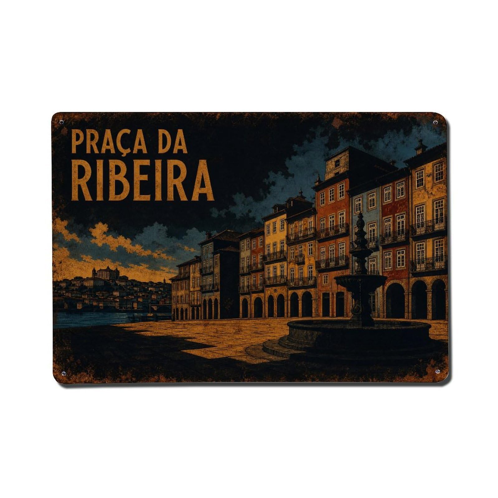 Yrnq 08X12inch Vintage Style Vintage Ribeira Square Waterfront Architecture Portugal Metal Tin Sign