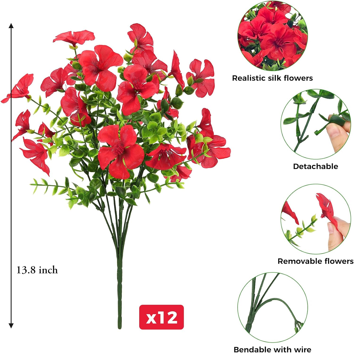 Ouddy Decor 18'' Artificial Geraniums Flowers for Outdoors, 22 Bundles Mixed Fake Silk Flowers Plastic Plants UV Resistant for Summer Garden Porch Patio Planter Kitchen Table Home Decor, Red image 3