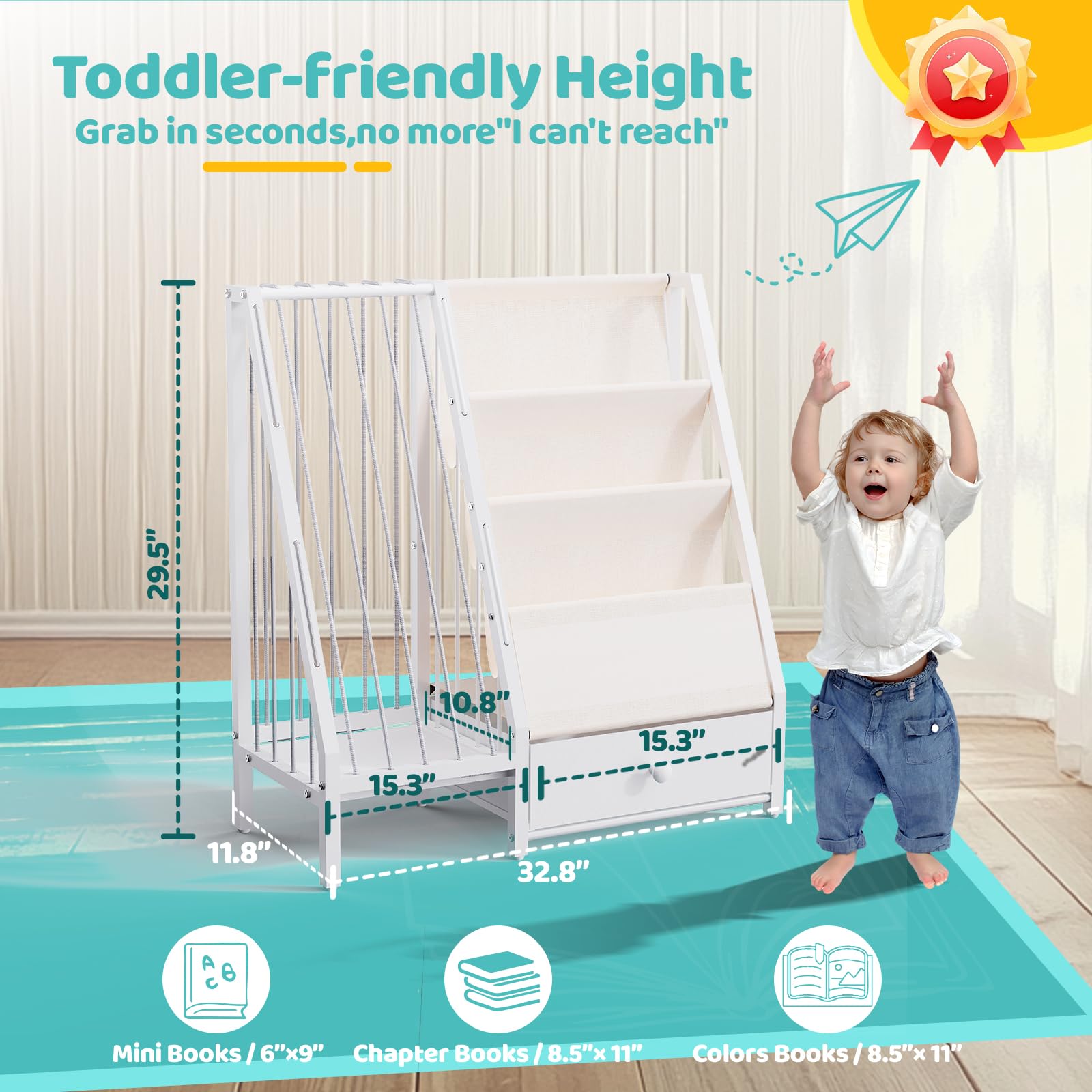 PreTidy Kids Bookshelf Stuffed Animal Toy Storage Organizer - Book Shelf for Kids Room, White Nursery Bookshelves for Toddler Baby Bedroom Playroom, Small Montessori Bookcase