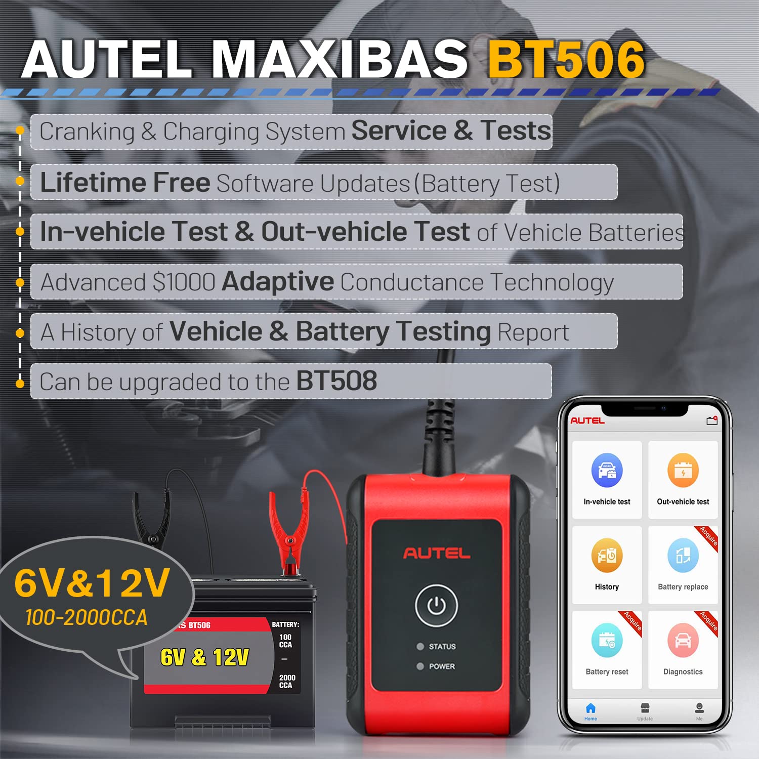 Autel MaxiBAS BT506 Probador Batería, 6V 12V 100-2000 CCA Analizador Batería Automóvil, Prueba Arranque y Carga, Herramienta Prueba Carga Batería Digital, Dentro y Fuera Vehículo
