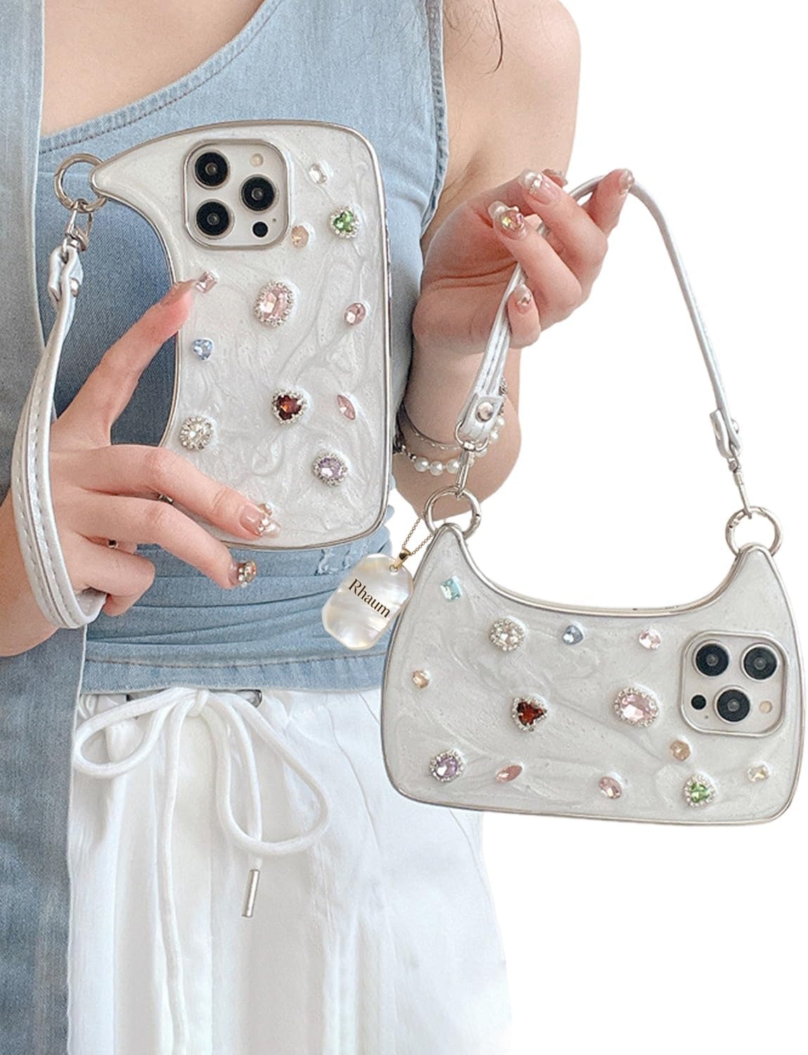 Creative Phone Case with Top Handle for iPhone, 3D Cute Luxury Bling Diamond Phones Cases, Ethereal Gemstone Aura Handbag Phone Cases for iPhone 17/16/15/14/13/12 Pro Max(for iPhone 16)