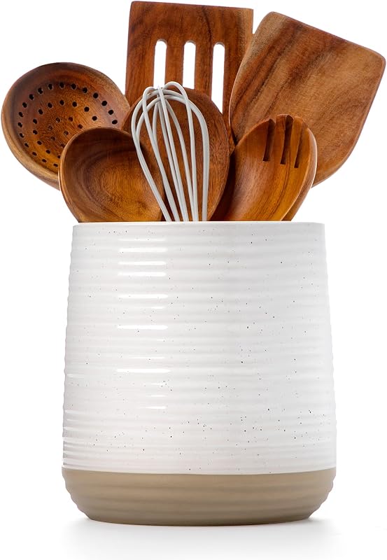 Soporte grande para utensilios de cocina de cerámica de 6,8 pulgadas | Soporte para utensilios para encimera de cocina, soporte moderno estilo granja para cucharas, espátulas y herramientas de cocina (blanco)