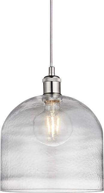 Nielsen Langford Large Industrial Dome Pendant Light with Clear Glass, Mottled Shade. Has a Solid Industrial Style with a Traditional Antique Satin Silver Finish