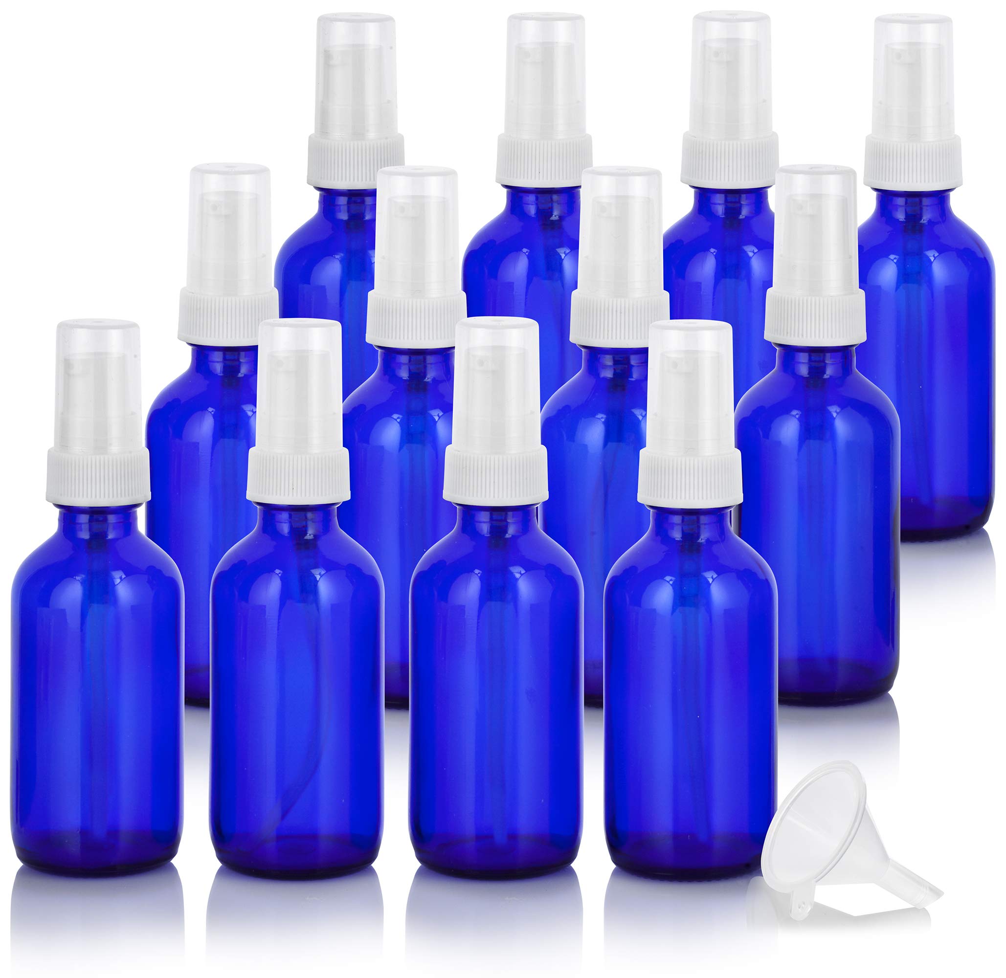 JUVITUS 2 oz / 60 ml Cobalt Blue Glass Boston Round White Treatment Pump Bottle + Funnel (12)