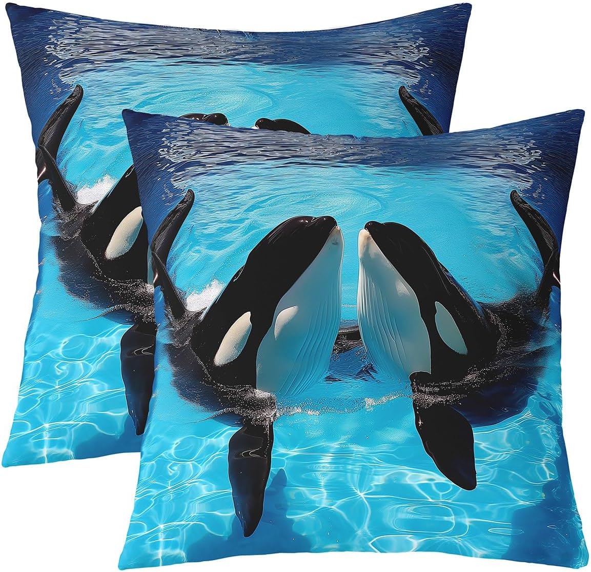 Kawaii Killer Whale Throw Pillow Covers 24x24 Inch Set of 2, 3D Whale Pillow Covers For Lumbar Support, Marine Life Hawaii Ocean Wave Cushion Cases, Aquarium Sea Animal Decorative Square Pillow Cases