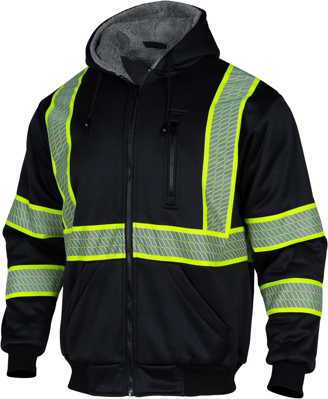 VENDACE Men's ANSI Class 3 High Vis Safety Reflective Sweatshirt Wool Fleece Zipper Jacket Hoodie with Black Bottom