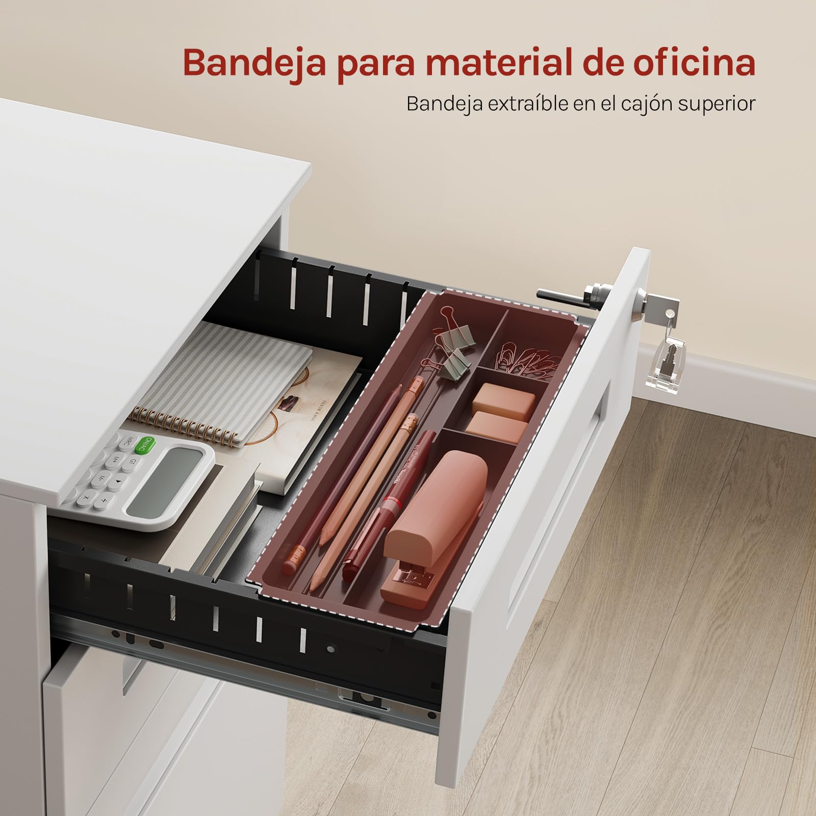 WOLTU Cajonera de Oficina Armario Archivador Móvil con Cerradura, Cajonera con Ruedas para Archivos A4 Carpetas Colgantes, Mueble Archivador Metálico para Oficina, Blanco SK023ws