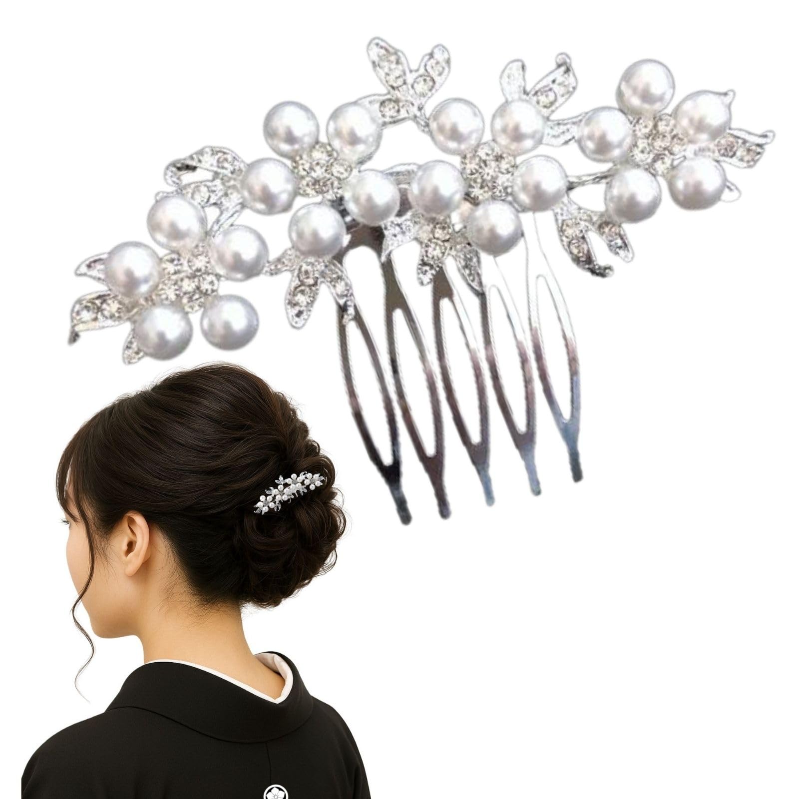 TIGLOSS Pearl Kanzashi Hair Comb Silver Rhinestone Kimono Wedding Japan