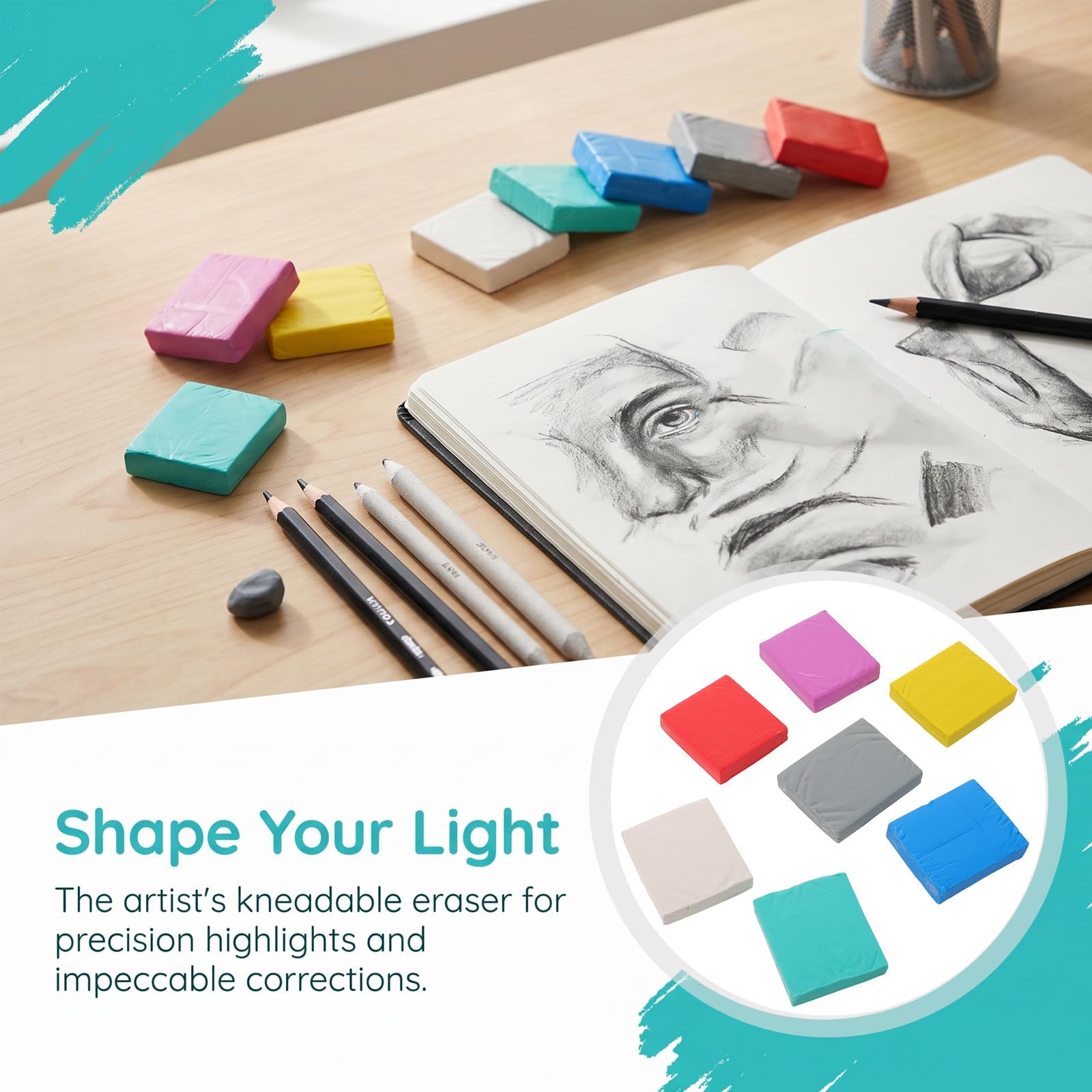 OUNONA 60 gomas de borrar moldeables, suaves y coloridas para arte - Material escolar para artistas, estudiantes, oficina, tareas, exámenes, profesores, dibujo y diseño.
