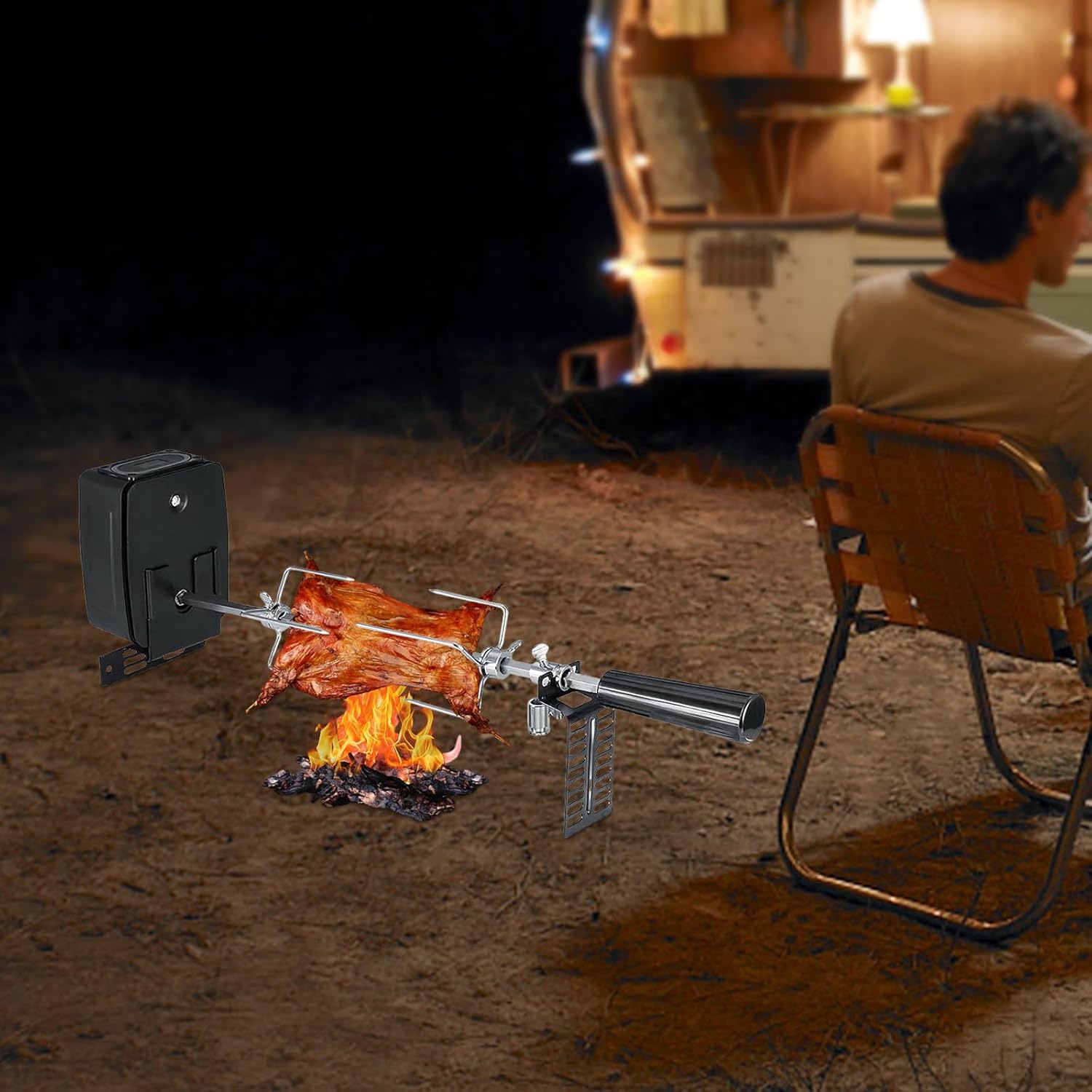 Battery-Powered Rotisserie Grill Kit - 304 Stainless Steel Camping Cookware with Auto-Spin Spit