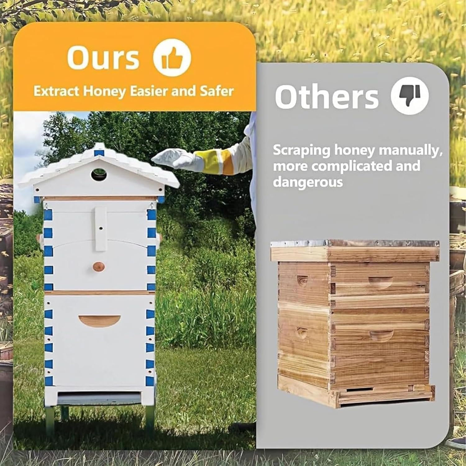 Caja de madera para abejas de autoflujo, colmena de apicultura para principiantes con ventana de observación y boquilla de miel, kit de inicio de colmena con 6 bandejas de panal, para gestión de cría