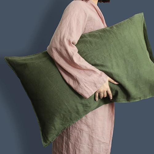 Juego de 2 fundas de almohada 100% lino francés, tamaño Queen (20 x 30 pulgadas), color sólido lavado a la piedra, suave y transpirable (verde