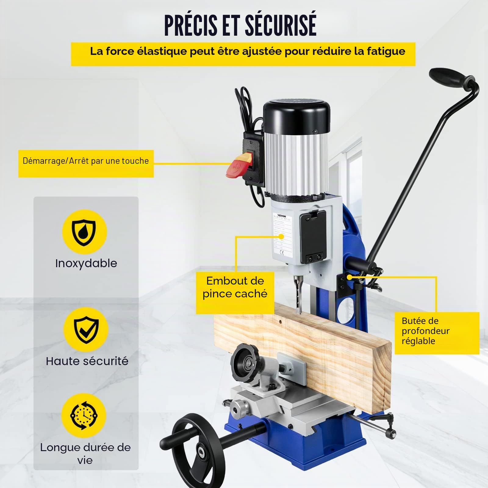 VEVOR Mortaiseuse à Bédane Carré, 1/2 CV, Machine à Percer Bois avec Établi Mobile, Capacité du Burin 6-12 mm, Capacité du Mandrin 13 mm, 1700 tr/min, Facile à Installer, pour Travail Perçage du Bois