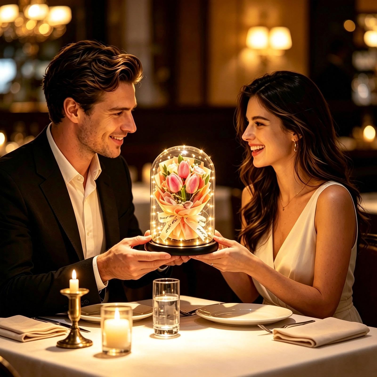 Bouquet di fiori secchi stabilizzati con luce a LED in cupola di - De