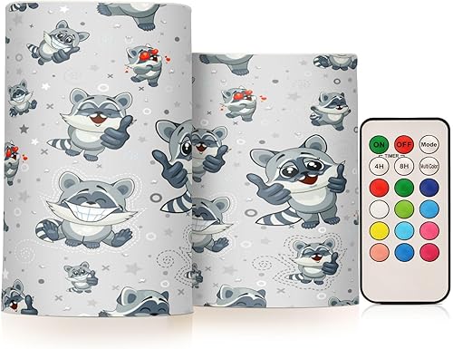 Kcldeci Flameless Battery Operated Flickering Candles, Cartoon Raccoons on Gray Set of 2 Battery Operated Candles for Valentines Home Wedding