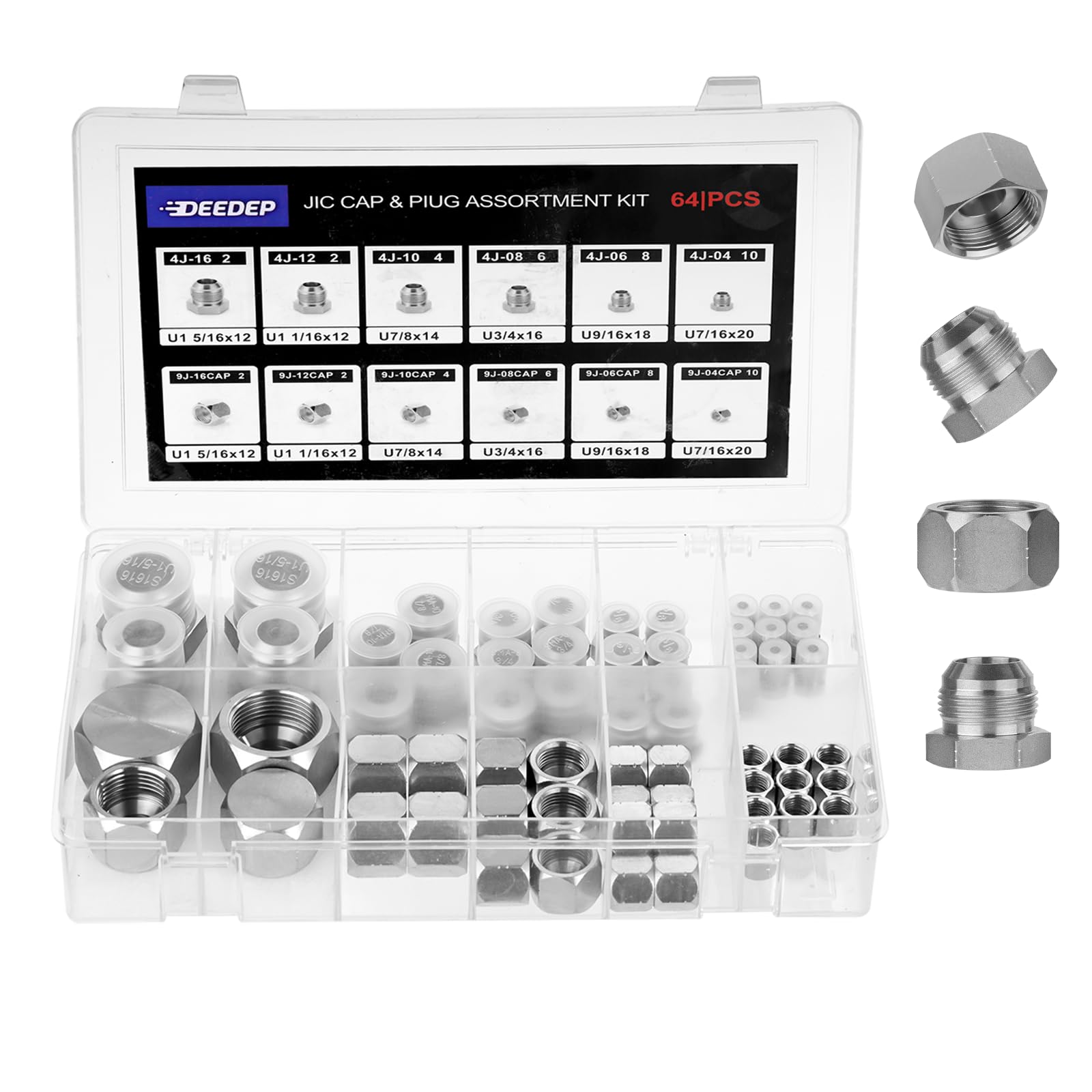 64 Pcs. 37° Flare Thread Cap & Plug Assortment Kit, Hose Tube and Pipe Fitting Kit, Galvanized Carbon Steel with Precision Threading, Dash Sizes 04 06