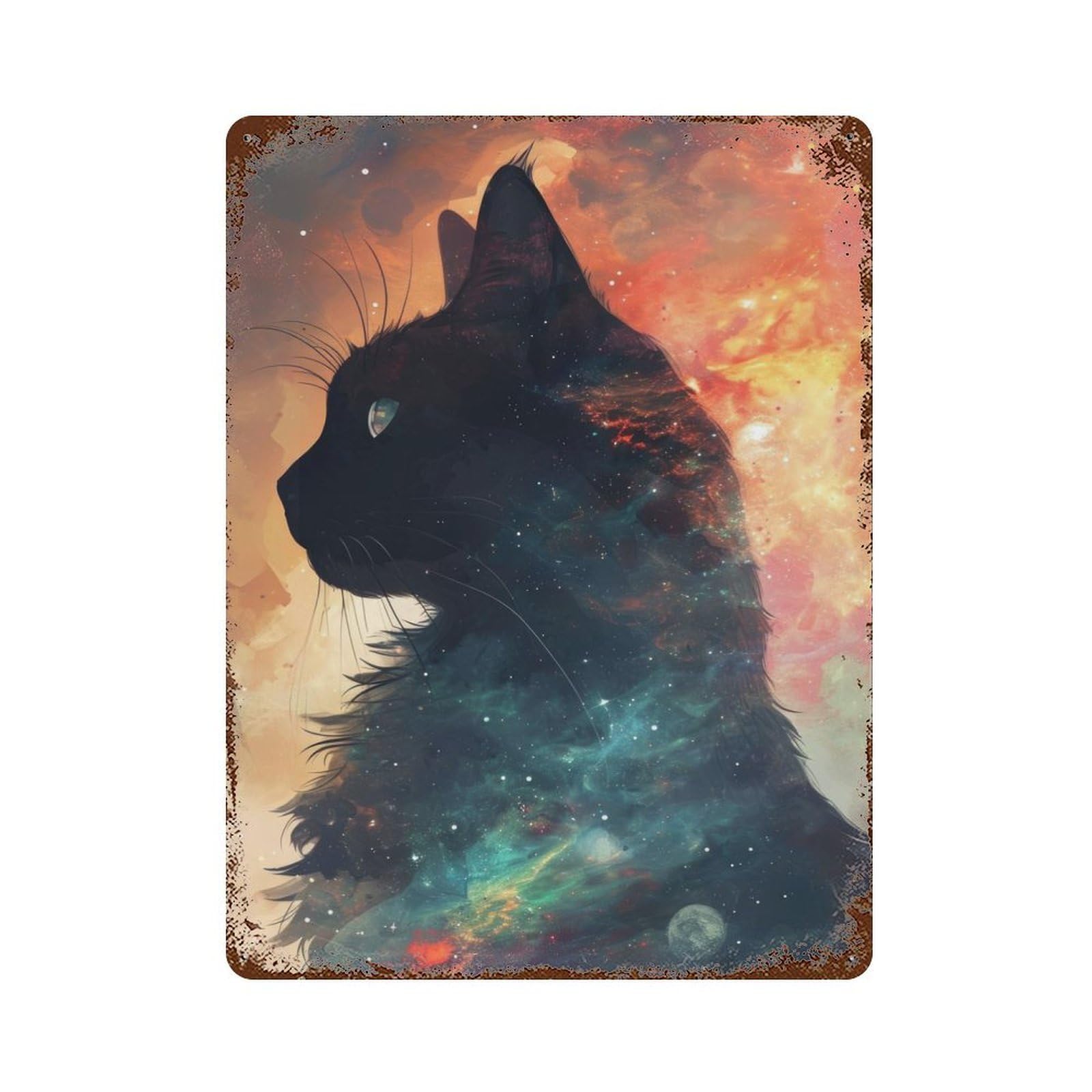 Cosmic Cat Silhouette Rustic Tin Plaque 15.7"x11.8", Ideal for Cafe, Home Bar And Lounge Decor