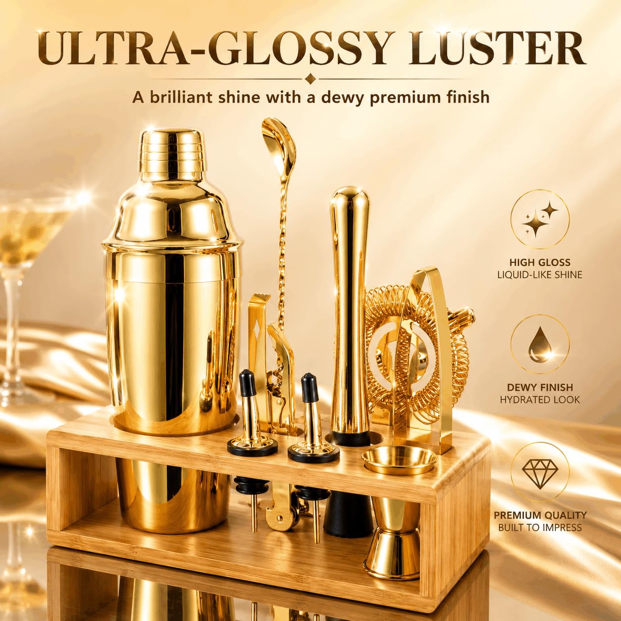 Gold Cocktail Shaker Set, Premium 18/8 Stainless Steel Mixology Bartender Kit with Stylish Bamboo Stand 10-Piece Bar Tools & Accessories for Home Bar for Men, Dad, Husband view 4