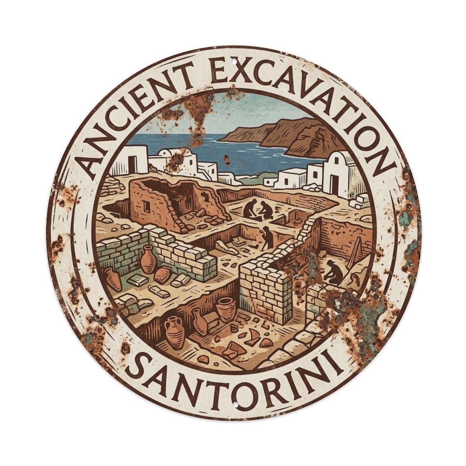 Fqnyr Style Metal Tin Sign Vintage Travel Ancient Santorini Excavation
