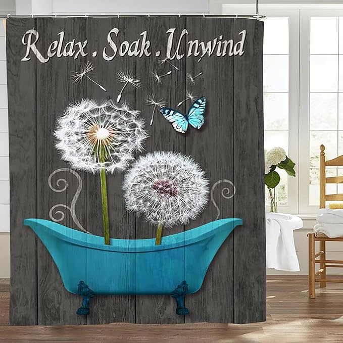 Yerretin Farmhouse Dandelion Shower Curtain Country Rustic Dandelion Butterfly