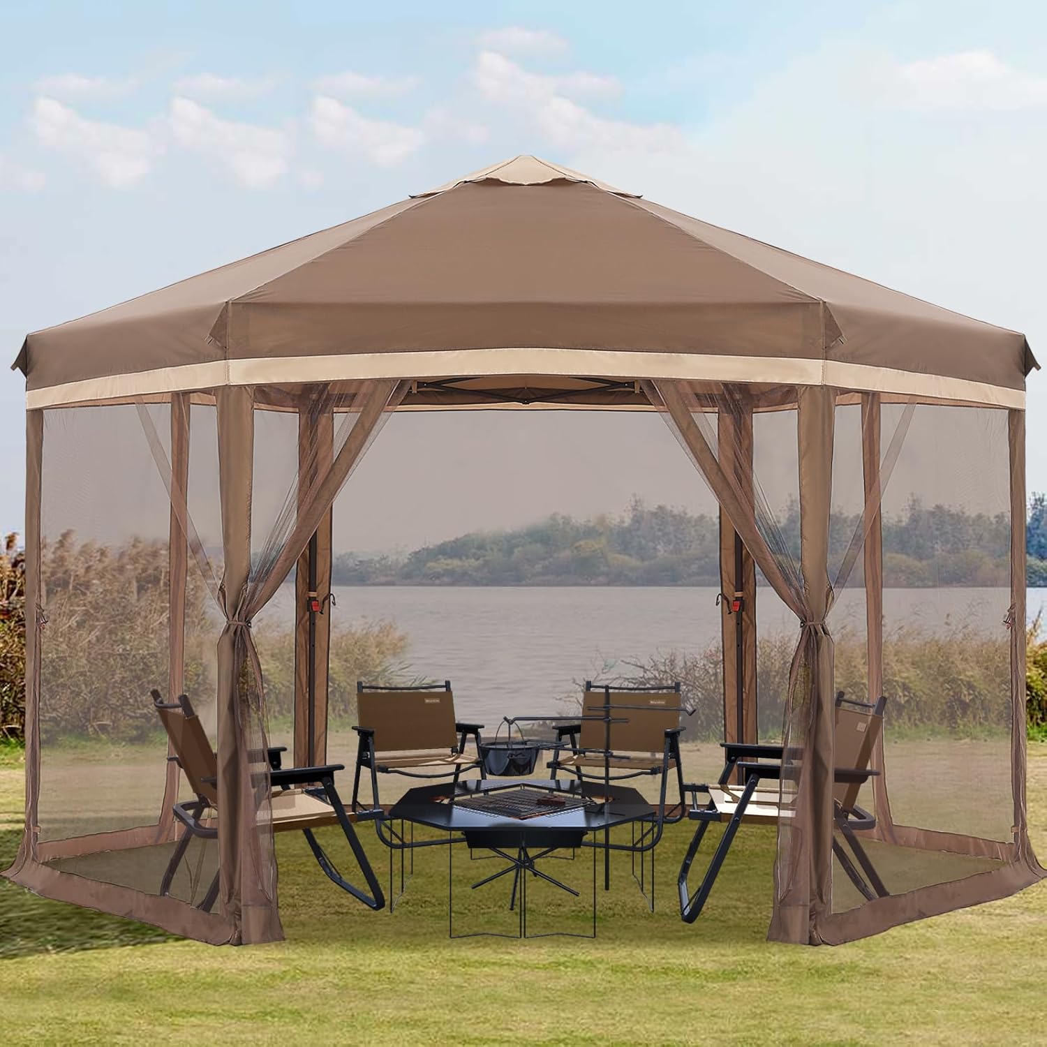 COOSHADE Pop up Canopy, 10X12 Pop up Tent with Mesh Walls, 6 Sides Gazebo, Patented 1 Step Lock Tech, Screened House for Outdoor/Camping/Lawn/Trip/Gathering, Khaki and Brown